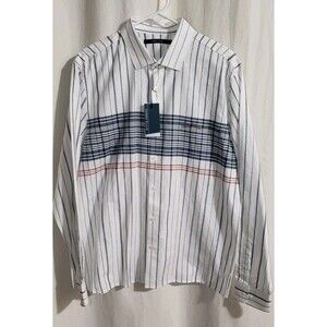 Perry Ellis Mens Large White Engineered Plaid Long Sleeve Button Up Dress Shirt